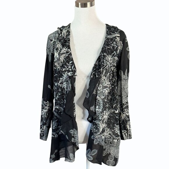 CITRON SANTA MONICA  Ruffled Silk Cardigan Womens‎ Size L Black Flowy Elegant - Picture 3 of 10